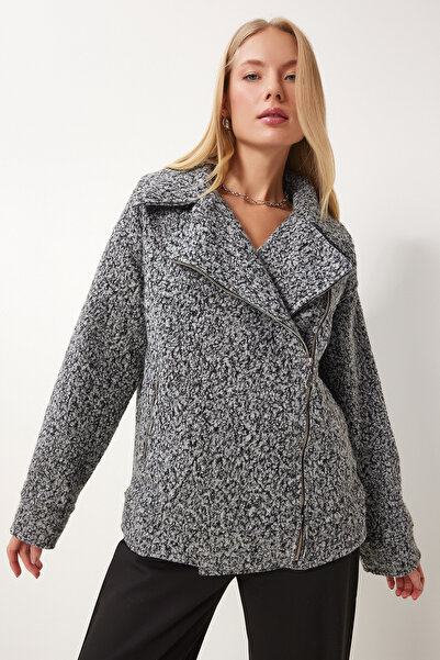 Happiness İstanbul Dámská šedá šátek s límcem Boucle Jacket Fn03386