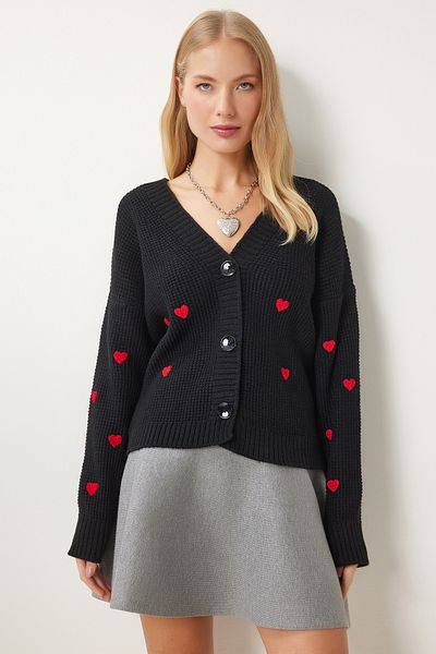 Happiness İstanbul Women's Black V-Neck Heart Textured Knitwear Cardigan Kg00011