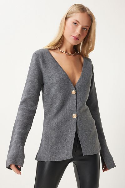 Happiness İstanbul Damen-Strickjacke in Anthrazit mit V-Ausschnitt, stilvoll, geknöpft, MT00155