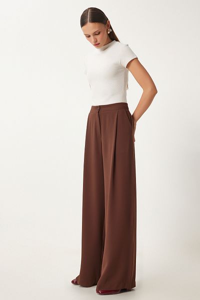Happiness İstanbul Braune, gewebte Palazzo-Hose mit Taschen für Damen UL00052