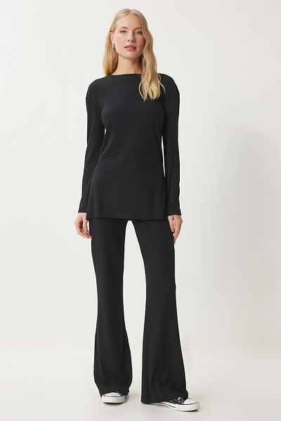 Happiness İstanbul Black Women's Knitted Blouse and Trousers Set - Comfortable Corduroy Ow00054