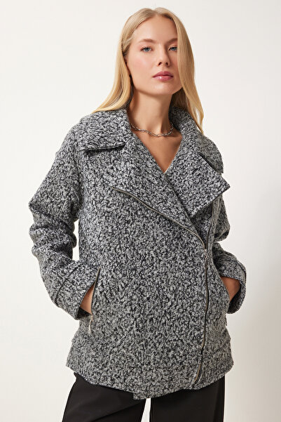 Happiness İstanbul Dámská šedá šátek s límcem Boucle Jacket Fn03386