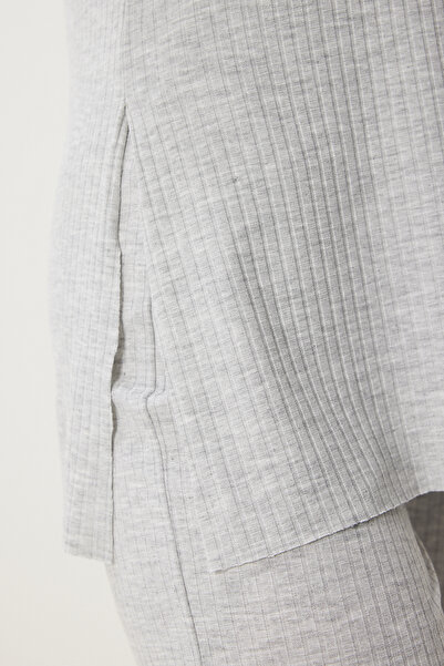 Happiness İstanbul Light Gray Women's Knitted Blouse and Trousers Set - Comfortable Corduroy Ow00054