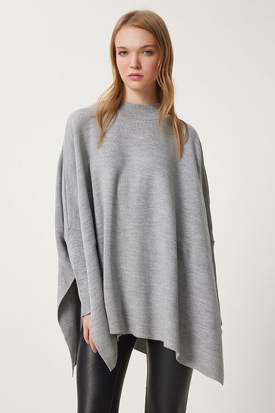 Happiness İstanbul Women's Gray Side Slit Oversize Poncho Sweater YY00005