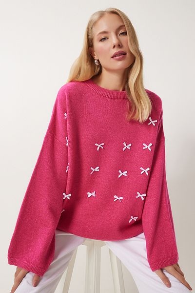 Happiness İstanbul Women's Dark Pink Bow Detailed Oversize Knitwear Sweater Kb00042
