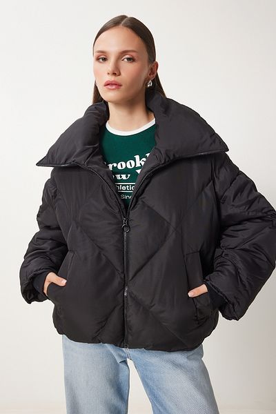 Happiness İstanbul Schwarze, übergroße Pufferjacke für Damen RV00006