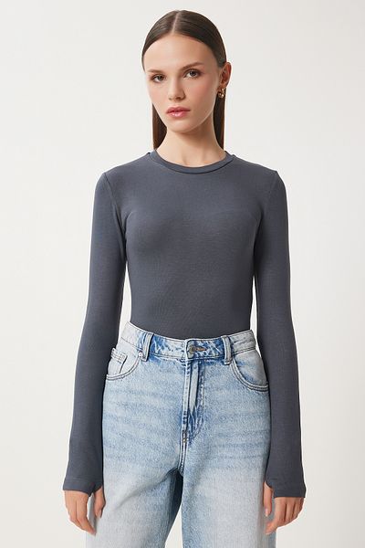 Happiness İstanbul Dámská antracitová pletená halenka Crew Neck Basic Cr00439