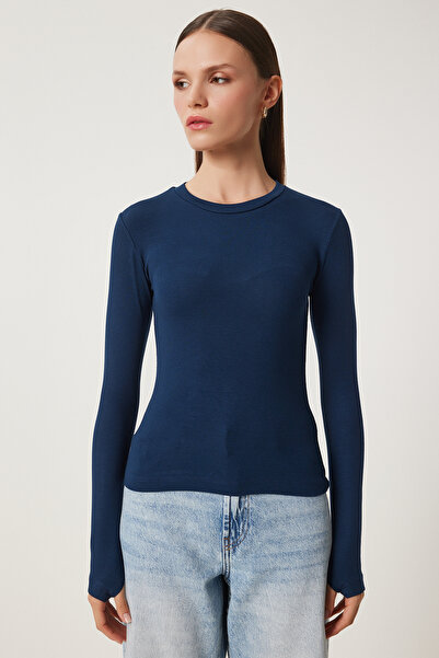 Happiness İstanbul Marineblaue Basic-Strickbluse für Damen mit Rundhalsausschnitt CR00439