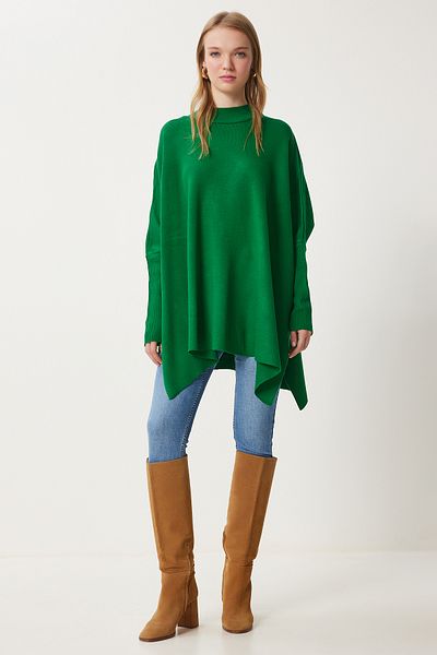 Happiness İstanbul Women's Dark Green Side Slit Oversize Poncho Sweater YY00005