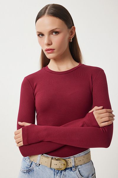 Happiness İstanbul Ecru Burgundy 2-Pack - Crew Neck Finger Snap Dámská pletená halenka Cr00440
