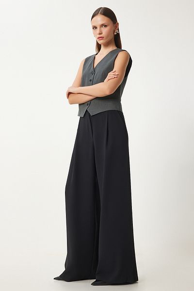 Happiness İstanbul Schwarze, gewebte Palazzo-Hose mit Taschen für Damen UL00052
