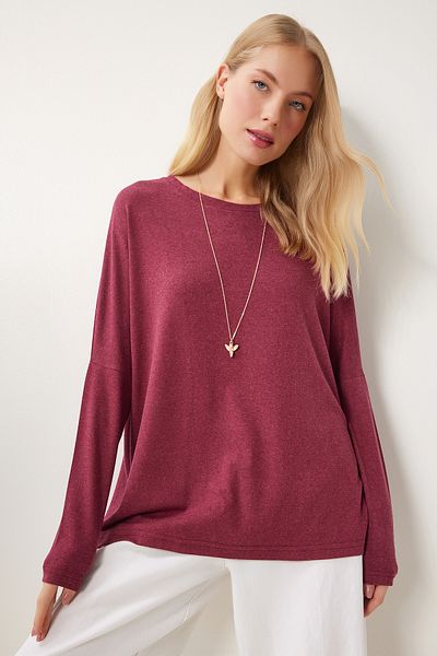 Happiness İstanbul Burgunderrote Damen-Strickbluse mit Fledermausärmeln und Rundhalsausschnitt EN00616