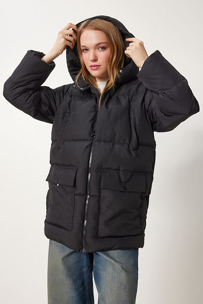 Happiness İstanbul Schwarze Pufferjacke mit Kapuze für Damen HK00023
