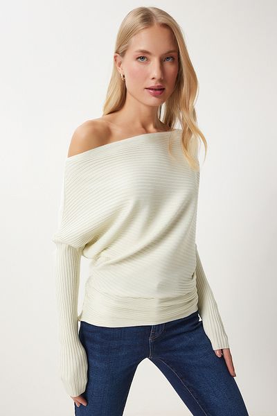 Happiness İstanbul Women's Cream Asymmetrical Collar Ribbed Sweater Fn03383