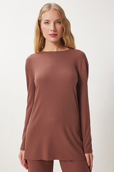 Happiness İstanbul Barna női kötött szett - bordás blúz és nadrág OW00054