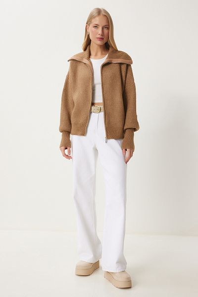 Happiness İstanbul Women's Camel Zippered Collar Knitwear Cardigan Mx00173