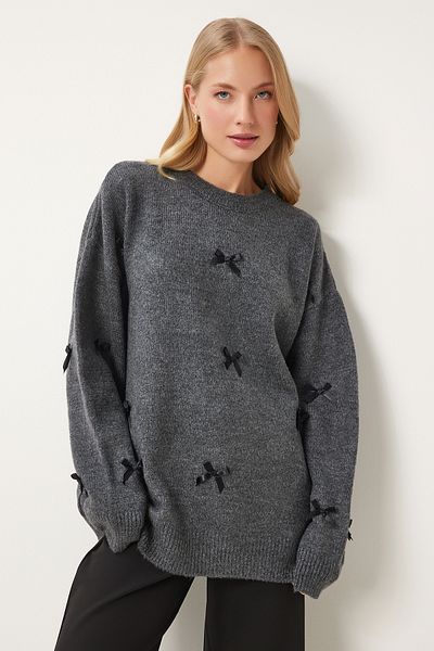 Happiness İstanbul Sweter damski z dzianiny w kolorze antracytowym z kokardą Sv00013