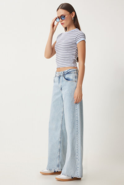 Happiness İstanbul Kadın Buz Mavi Orta Bel Wide Leg Jeans RI00005