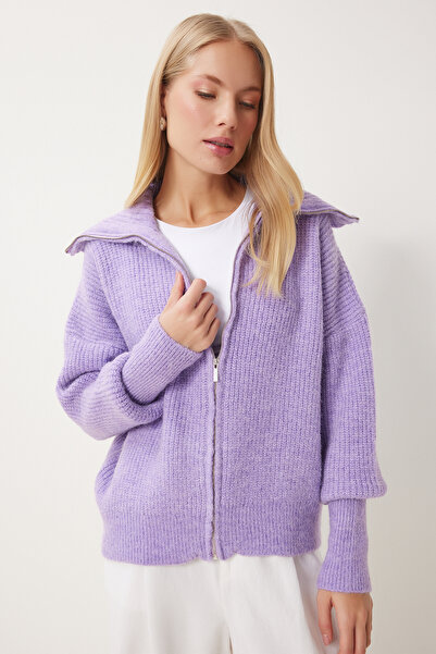 Happiness İstanbul Női lila cipzáras galléros kötöttáru kardigán MX00173