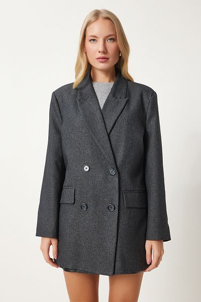 Happiness İstanbul Women's Anthracite Double Breasted Collar Woven Jacket Fn03384