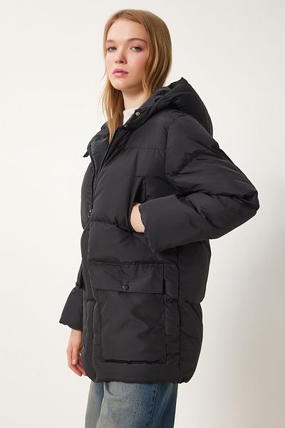 Happiness İstanbul Schwarze Pufferjacke mit Kapuze für Damen HK00023