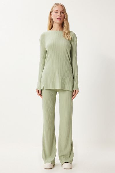 Happiness İstanbul Grünes Damen-Set aus gestrickter Bluse und Hose – bequemer Cord OW00054