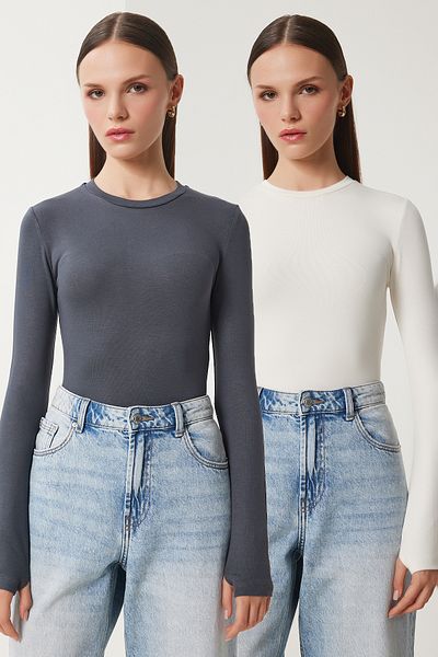 Happiness İstanbul Ecru-Anthrazit für Damen, 2er-Pack, Basic-Strickbluse mit Rundhalsausschnitt und Zehenkappe, CR00440