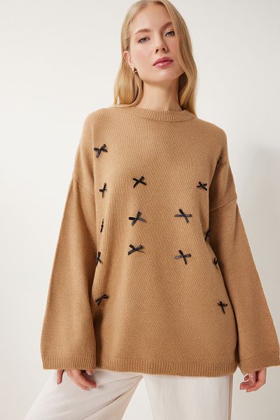Happiness İstanbul Women's Biscuit Bow Detailed Oversize Knitwear Sweater Kb00042