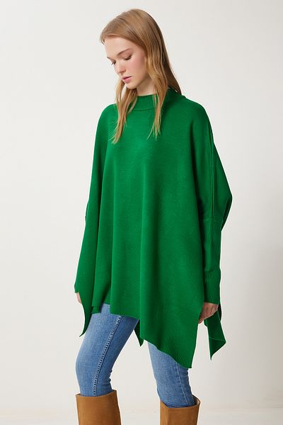 Happiness İstanbul Women's Dark Green Side Slit Oversize Poncho Sweater YY00005