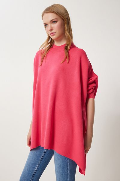 Happiness İstanbul Übergroßer Poncho-Pullover mit Seitenschlitz für Damen in Dunkelrosa YY00005
