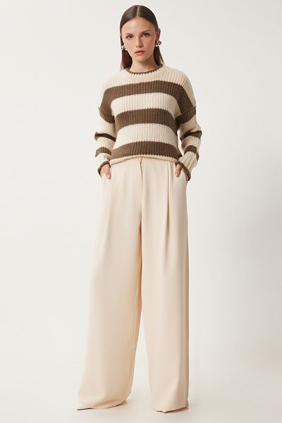Happiness İstanbul Cremefarbene, gewebte Palazzo-Hose mit Taschen für Damen UL00052