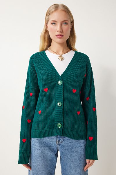 Happiness İstanbul Smaragdgrüne Strickjacke mit V-Ausschnitt und Herzstruktur für Damen KG00011