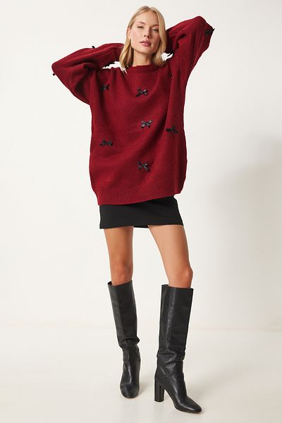 Happiness İstanbul Burgunderroter Strickpullover mit Schleife für Damen SV00013