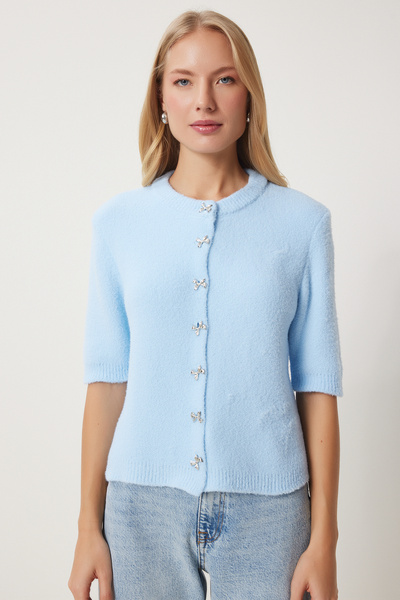 Happiness İstanbul Kadın Gök Mavi Şık Fiyonk Düğmeli Sakallı Triko Hırka DP00219
