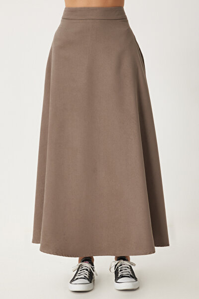 Happiness İstanbul Kadın Vizon Cepli Jakarlı Süet Kloş Etek RG00045