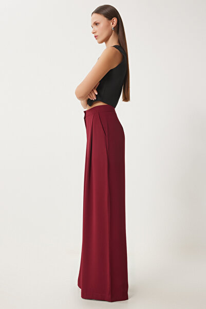 Happiness İstanbul Damskie bordowe, tkane spodnie palazzo z kieszeniami Ul00052