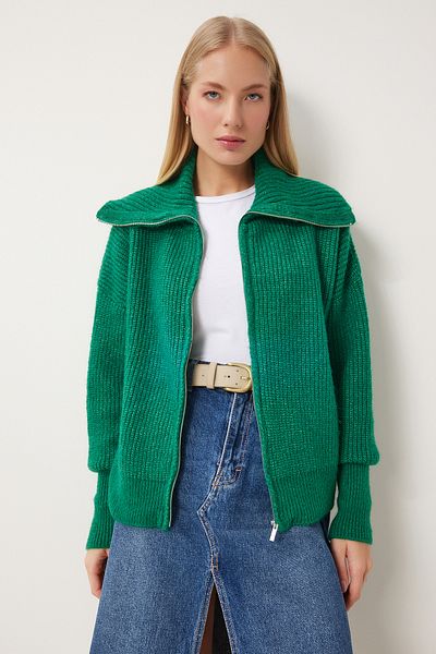 Happiness İstanbul Grüne Strickjacke mit Reißverschlusskragen für Damen MX00173
