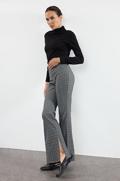 Trendyol Collection Plaid Patterned Gray Flare Trousers - Twoaw25Pl00083