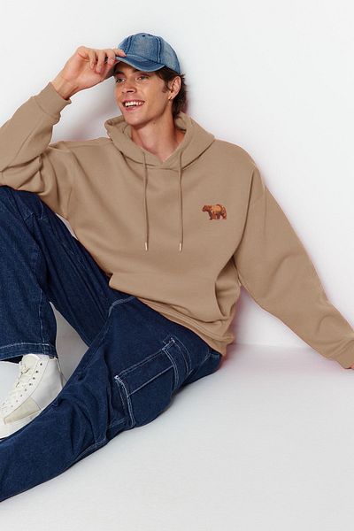 Trendyol Collection Φούτερ φούτερ με κουκούλα φλις με κουκούλα με κεντημένα ζώα - TMNAW24sw00097