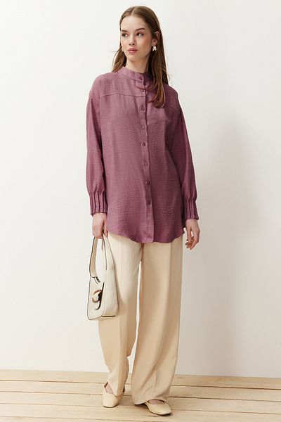 Trendyol Modest Dark Pink Linen Aerobin Oversize Woven Shirt Tctss24Tg00065