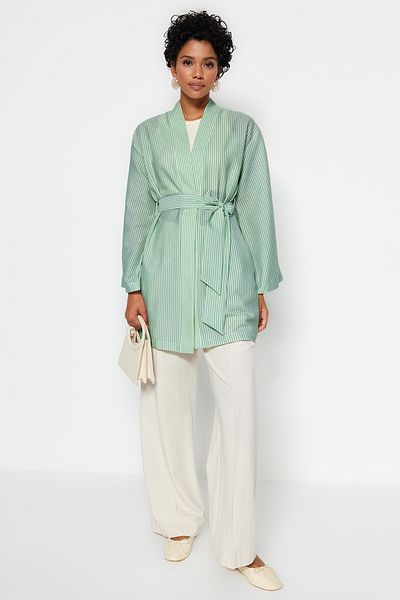 Trendyol Modest Miętowe tkane kimono Seersucker w paski i kaftan TCTSS23KK00001