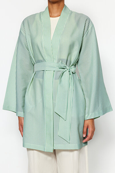 Trendyol Modest Μέντα με ζώνη υφαντό Seersucker ριγέ κιμονό & καφτάν TCTSS23KK00001