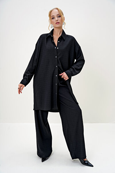 Trend Alaçatı Stili Damen-Set mit schwarzem Hemd, Kragen, Knopfleiste vorne, Hemd und Hose ALC-X13122