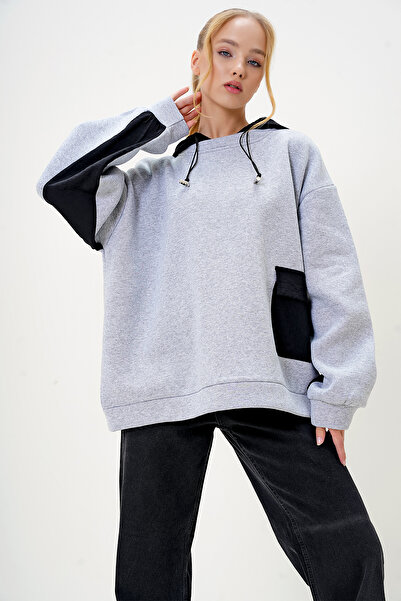 Trend Alaçatı Stili Gray Oversize Hooded Women's Sweatshirt - Alc-X12968
