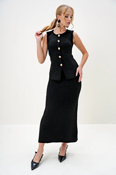 Trend Alaçatı Stili Női fekete arany gombos részletes hosszú kötöttáru mellény és szoknya szett ALC-X13029