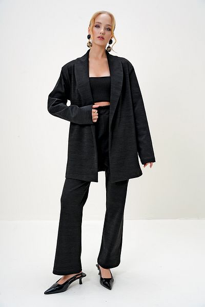 Trend Alaçatı Stili Women's Black Shawl Collar Blazer Knitted Jacket and Pants Set Alc-X13125
