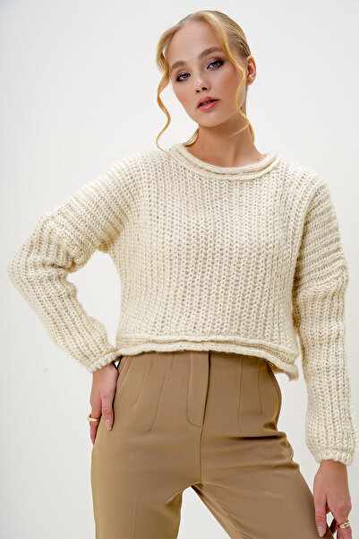 Trend Alaçatı Stili Γυναικεία κρέμα Crew-Neck πουλόβερ Crop χοντρό πουλόβερ ALC-X13135