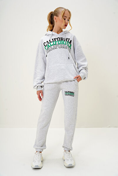 Trend Alaçatı Stili Kadın Grimelanj Kapüşonlu Kanguru Cepli Sweatshırt Ve Paçası Lastikli Eşofman Takımı ALC-X13096