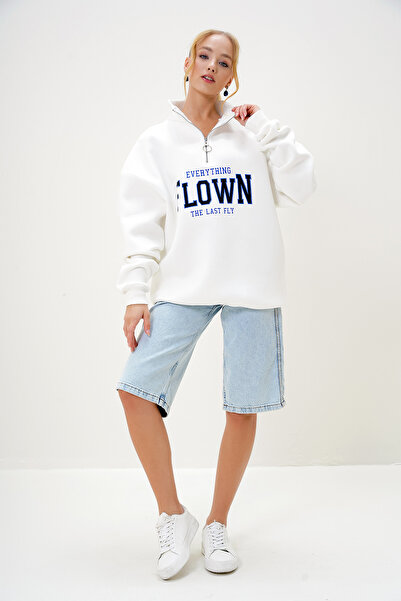 Trend Alaçatı Stili Kadın Ekru Yarım Balıkçı Yaka Önü Fermuarlı Ve Baskılı İçi Şardonlu Sweatshırt ALC-X13088