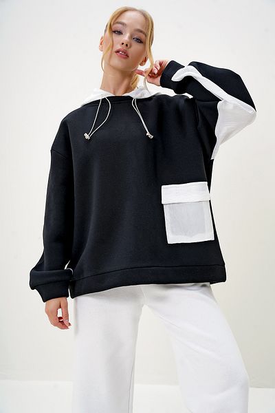 Trend Alaçatı Stili Black Oversize Hooded Women's Sweatshirt - Alc-X12968